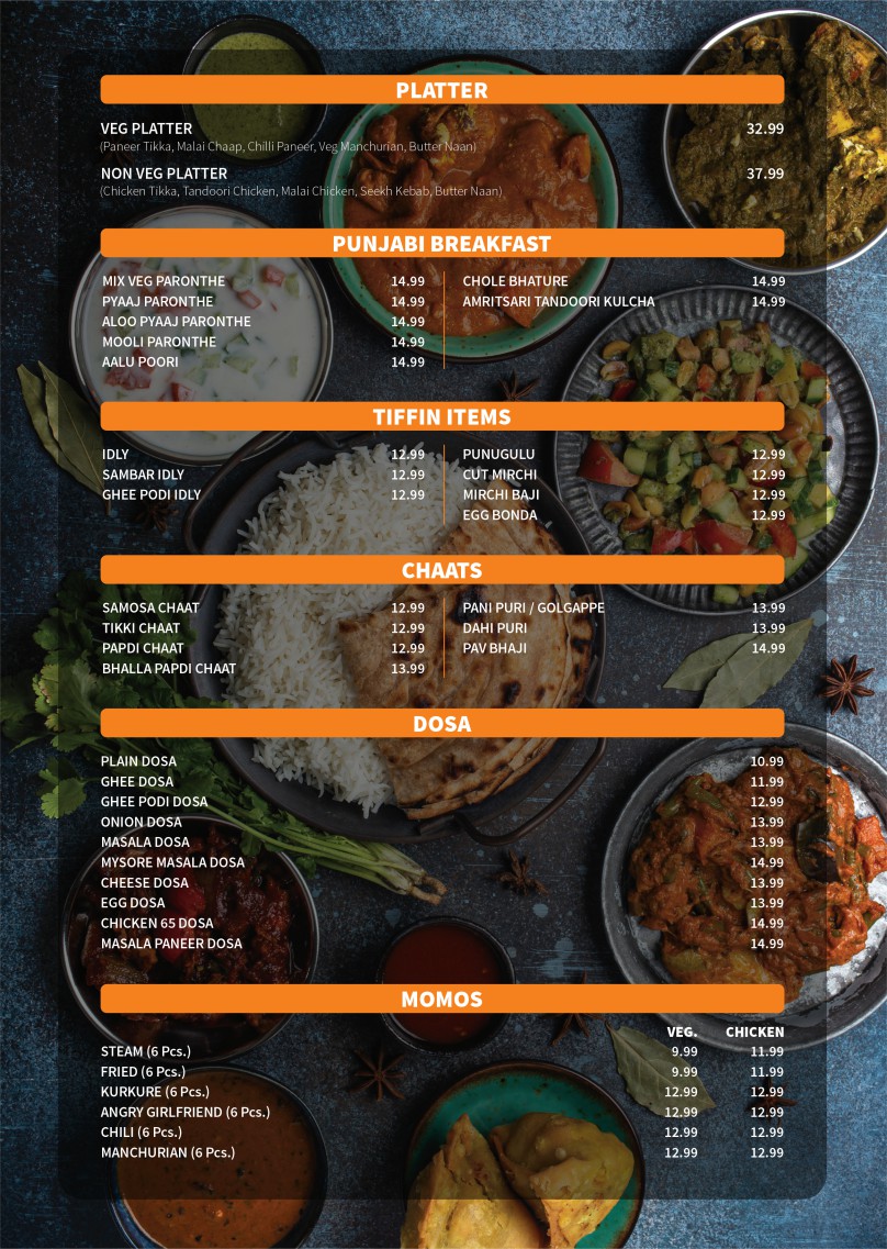 Menu page with platters, breakfast, chaats, dosa and momos