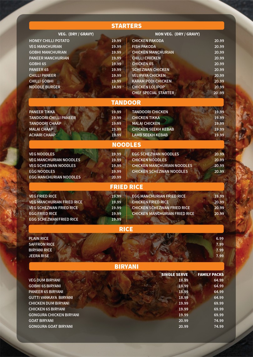 Menu page with starters, tandoor, noodles, fried rice and biryani