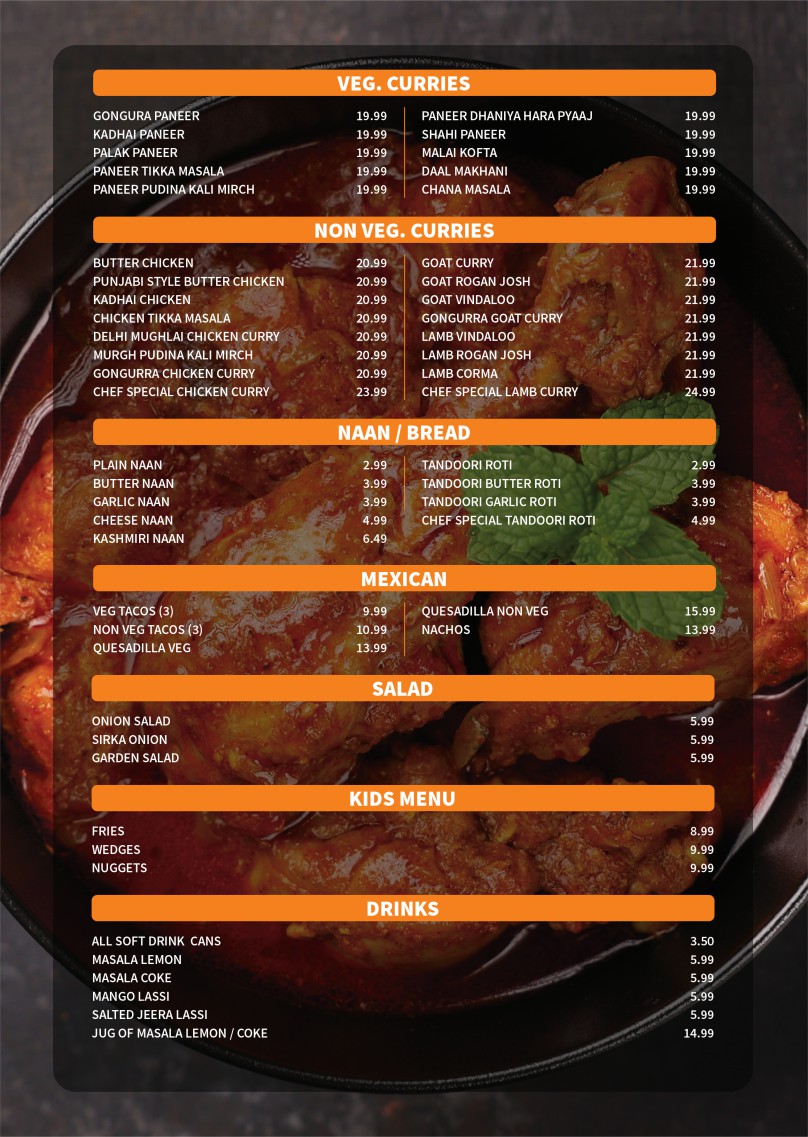 Menu page with curries, naan, drinks and kids menu